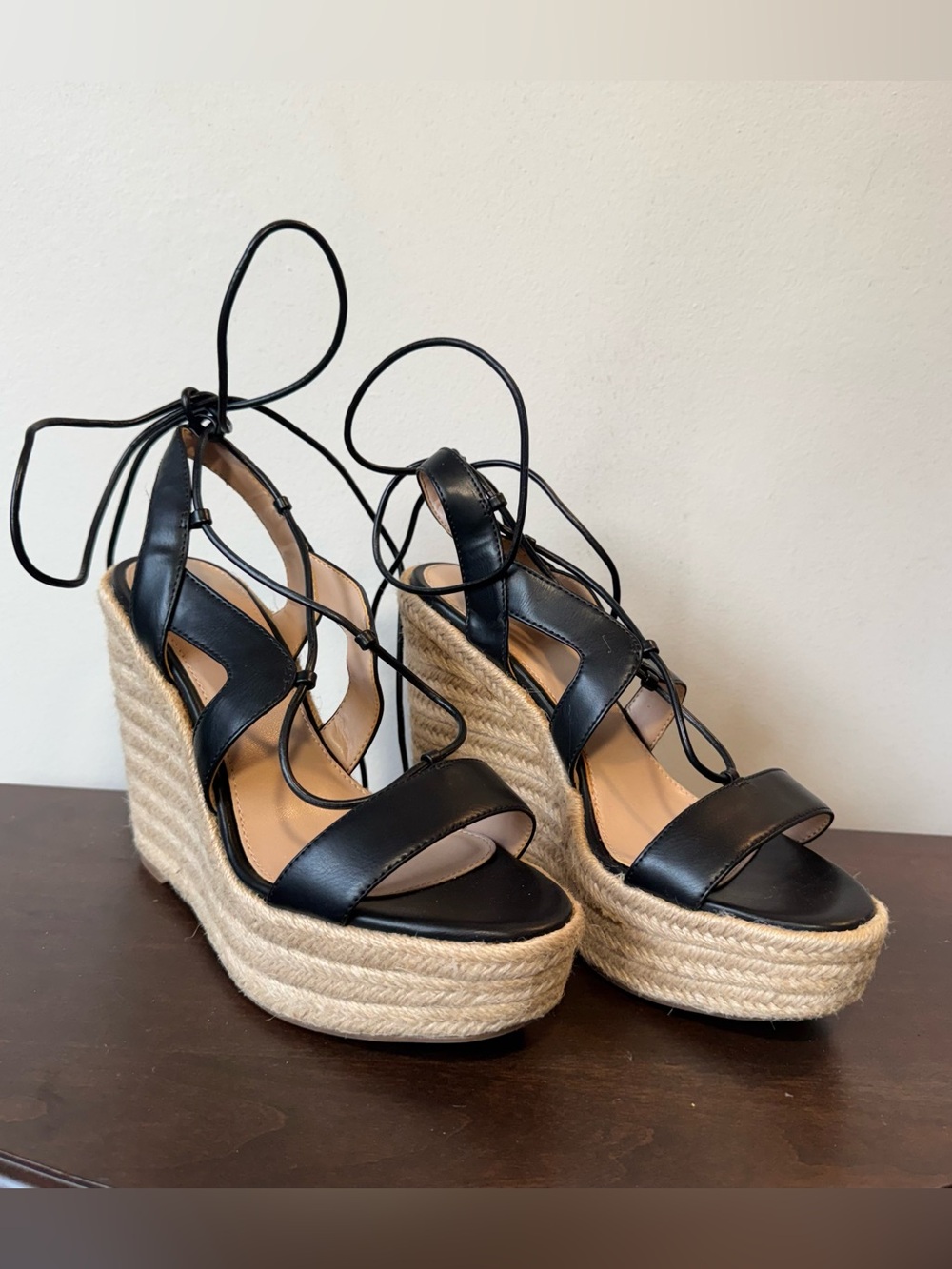 Aldo Black Leather Lace-Up Espadrille Wedges with Natural Jute Platform